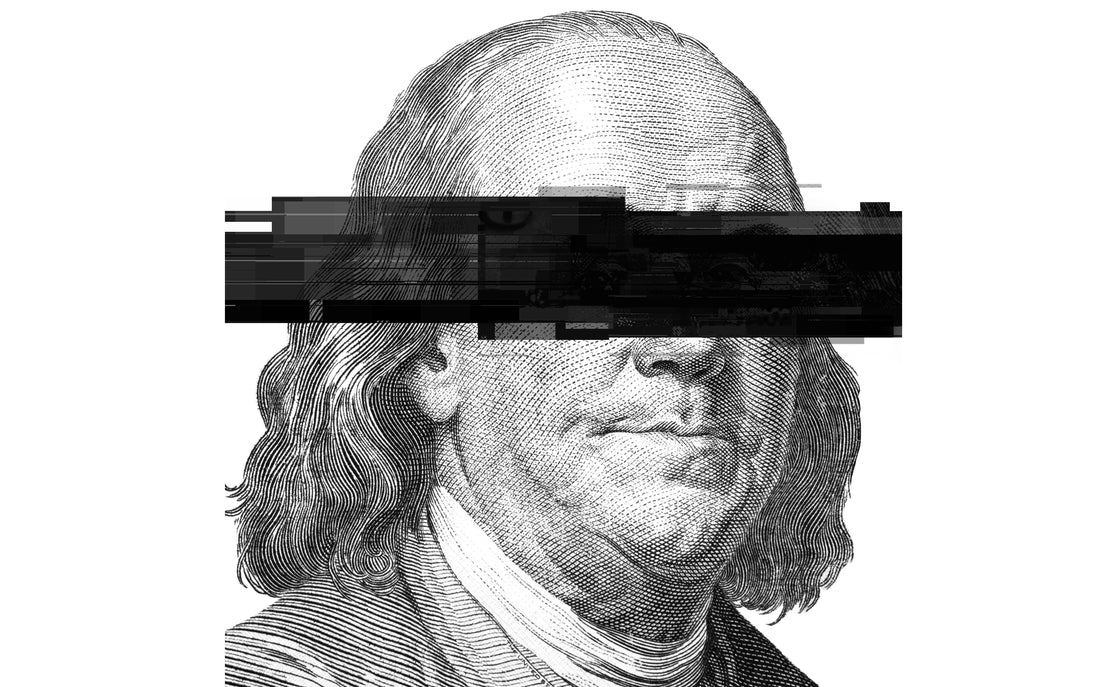 Engraved portrait of Benjamin Franklin with a digital glitch effect covering the eyes.