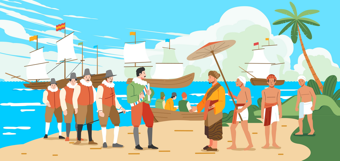 Illustration of Spanish explorers meeting indigenous people on a tropical beach with ships.