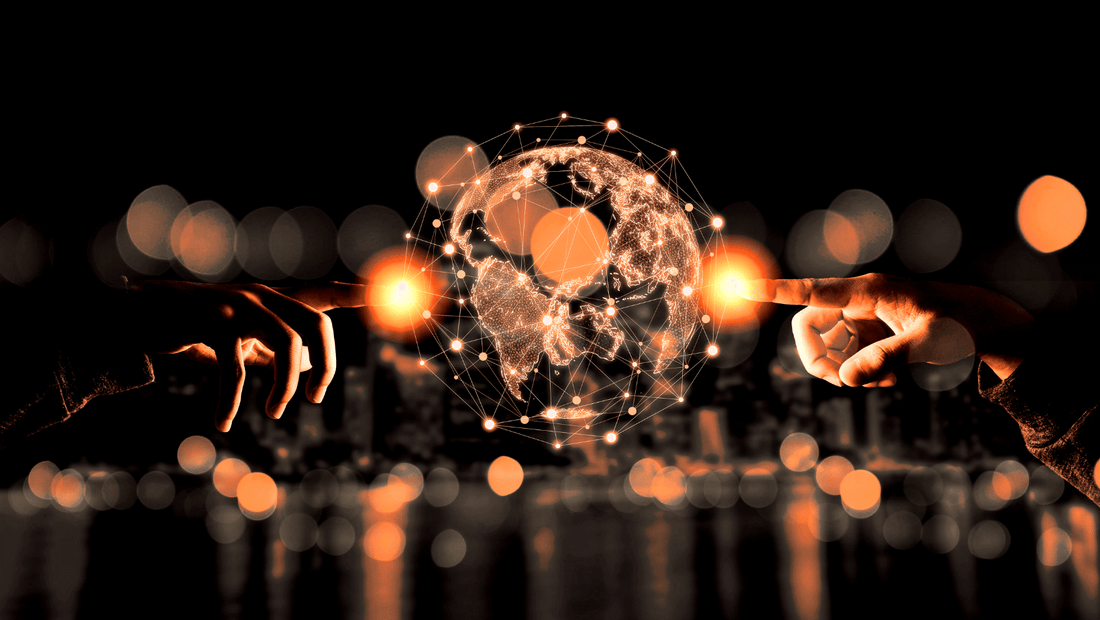 Two hands touching a glowing digital network globe against a blurred city night background.