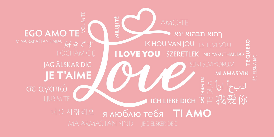 The word Love in cursive, surrounded by 'I love you' in many different languages on a pink background.