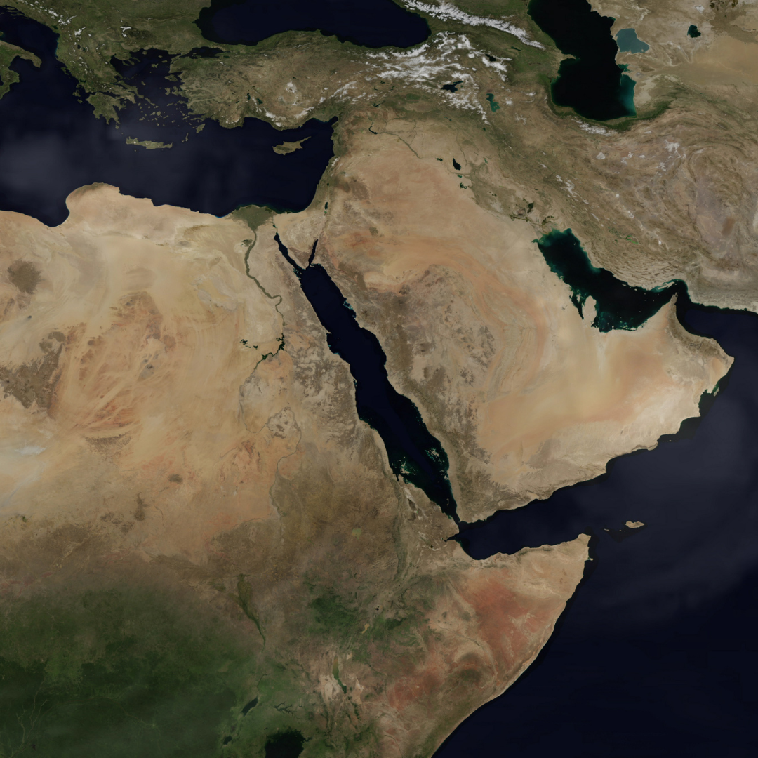 Satellite view of the Middle East, North Africa, and the Arabian Peninsula.