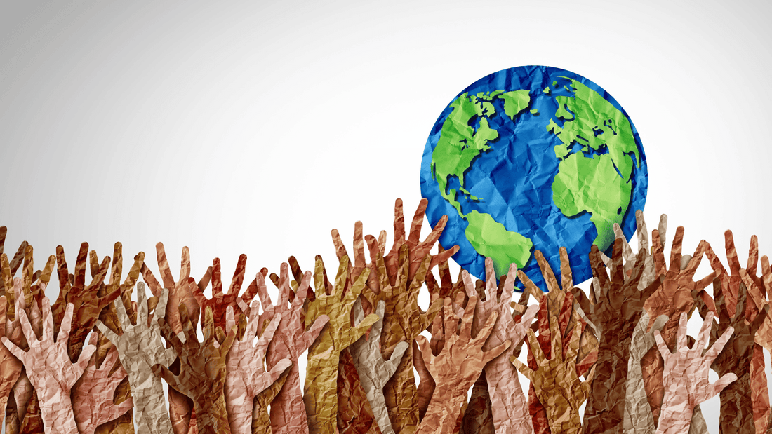 Paper-cut art of diverse hands reaching up toward a crumpled paper Earth.