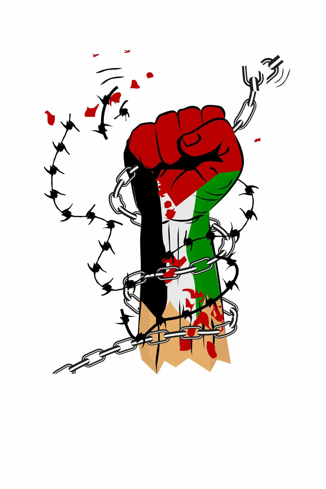 Illustration of a clenched fist painted with Palestinian flag colors breaking through chains.