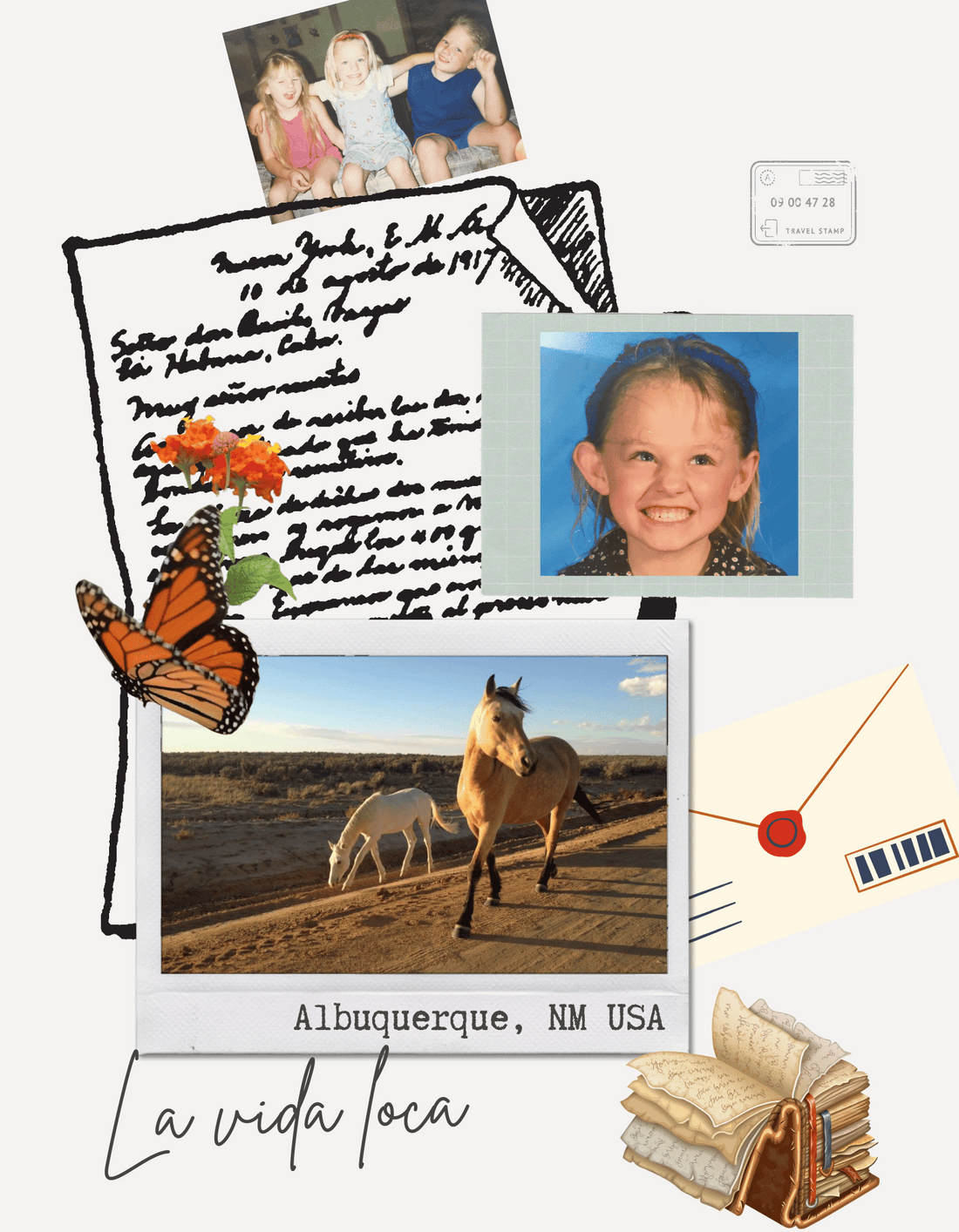 A nostalgic art collage featuring vintage photos, a handwritten letter, and a stack of old books.