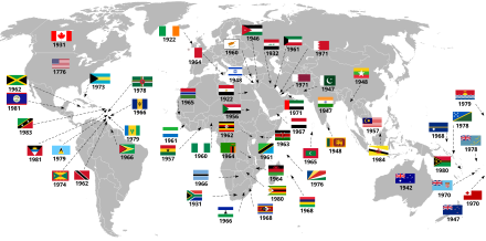 World map with national flags and years marking independence or significant dates.