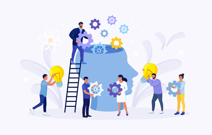 Illustration of people collaborating to assemble gears and lightbulbs inside a giant human head.